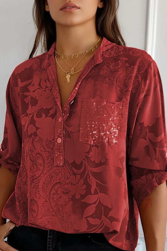 POCKETÉA – Elegant Printed Blouse with Practical Front Pocket and Buttons