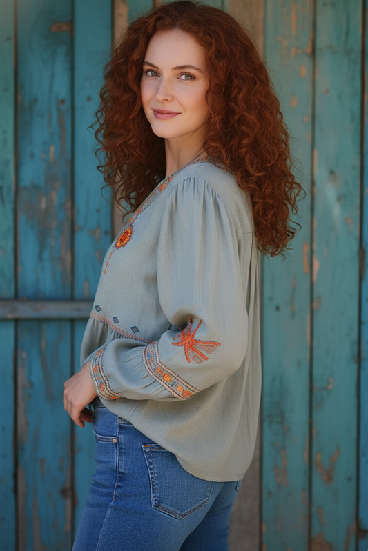 EMBROVIA – Sienna Women’s Boho Embroidered Blouse with Relaxed Fit