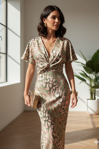 SILKYSAGE – Elegant V-Neck Summer Cocktail Dress with Ruched Knot Waist