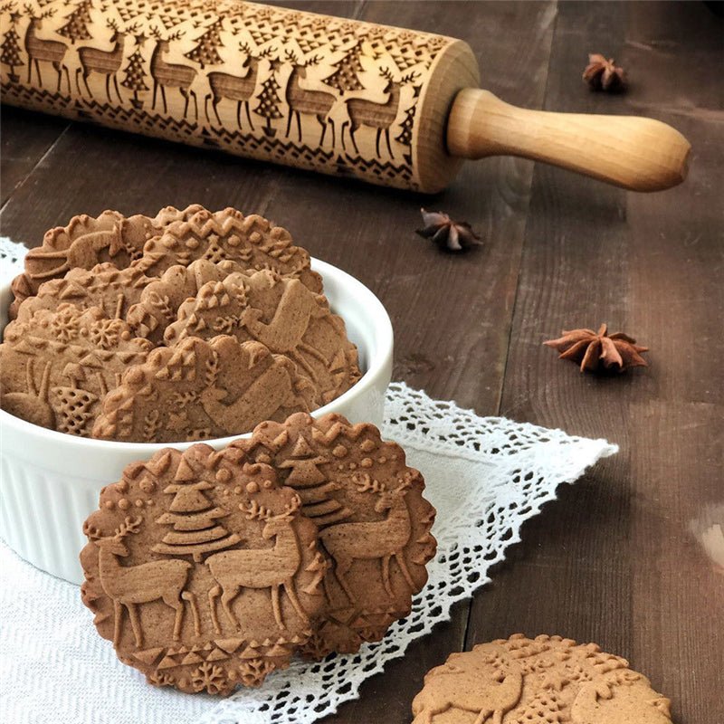 Handcrafted Embossed Rolling Pin - Festive Baking Tool with Cookie Cutters 0