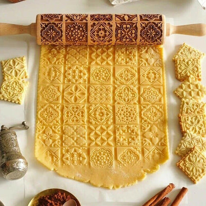 Handcrafted Embossed Rolling Pin - Festive Baking Tool with Cookie Cutters 2
