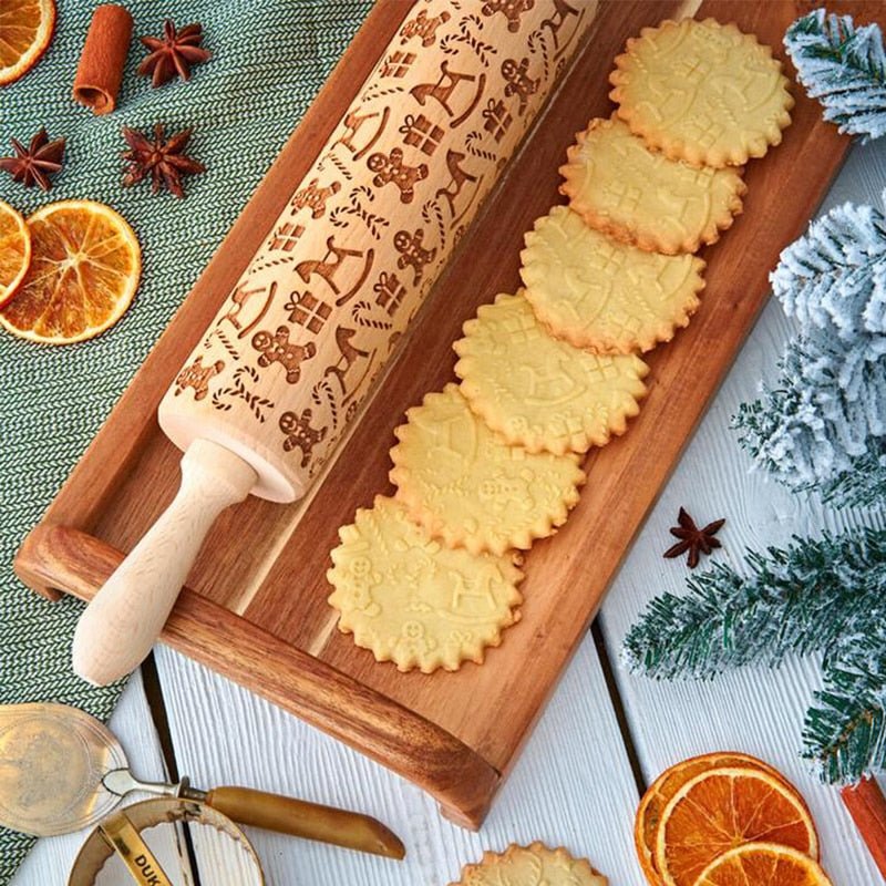 Handcrafted Embossed Rolling Pin - Festive Baking Tool with Cookie Cutters 3