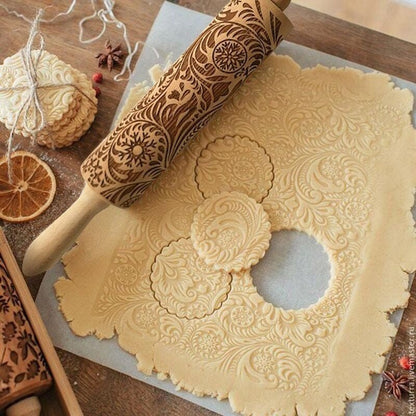 Handcrafted Embossed Rolling Pin - Festive Baking Tool with Cookie Cutters 4