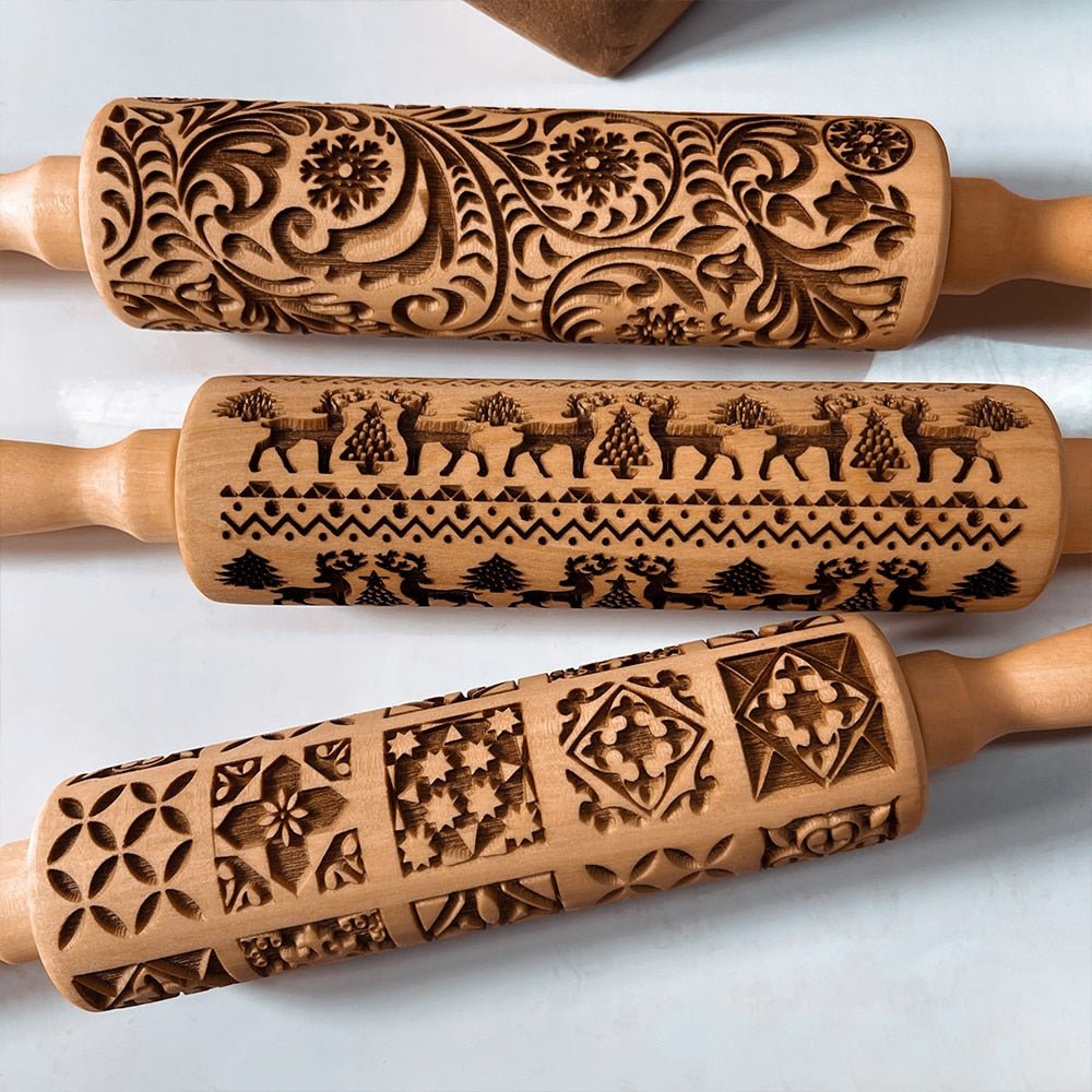 Handcrafted Embossed Rolling Pin - Festive Baking Tool with Cookie Cutters 5
