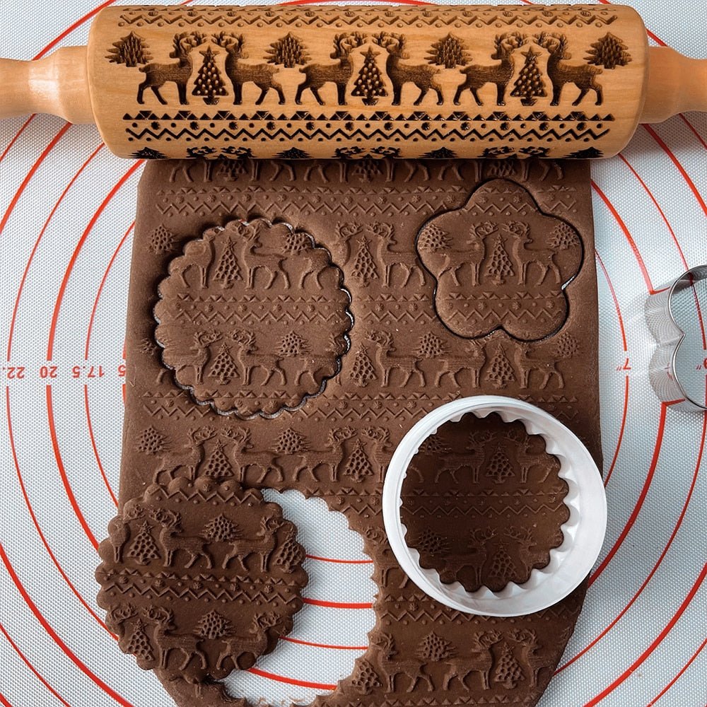 Handcrafted Embossed Rolling Pin - Festive Baking Tool with Cookie Cutters 6