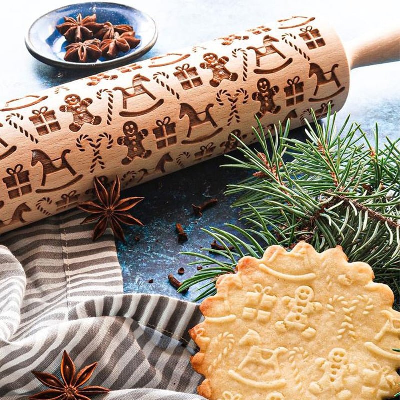 Handcrafted Embossed Rolling Pin - Festive Baking Tool with Cookie Cutters 7