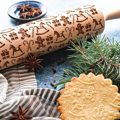 Handcrafted Embossed Rolling Pin - Festive Baking Tool with Cookie Cutters 7