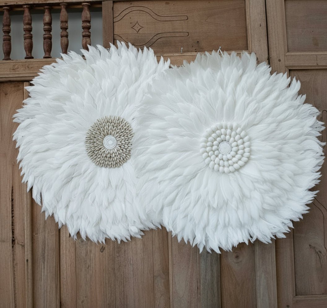 Handcrafted Juju Hats - Bohemian Feather Wall Art with Natural Shell Stones 2