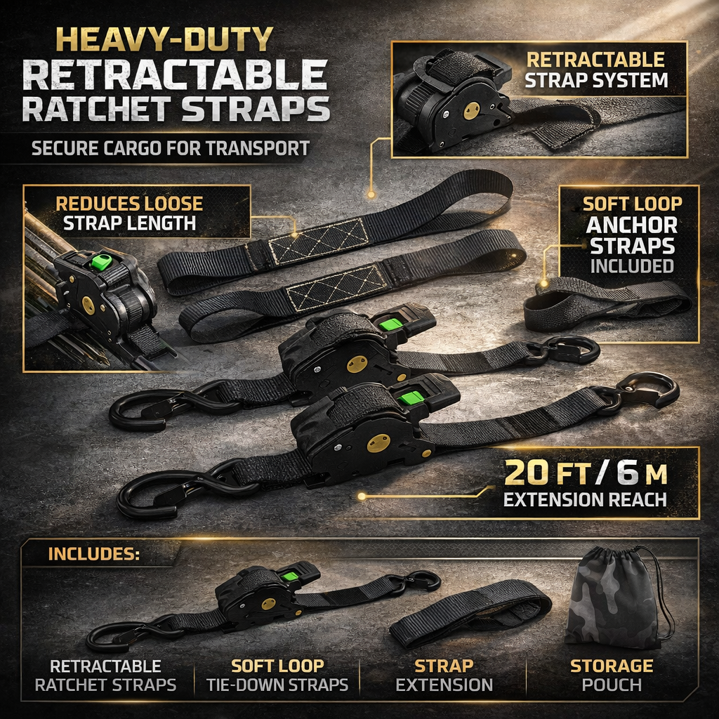Heavy Duty Retractable Ratchet Straps - 20 ft Cargo Tie Down Set with Hooks 4
