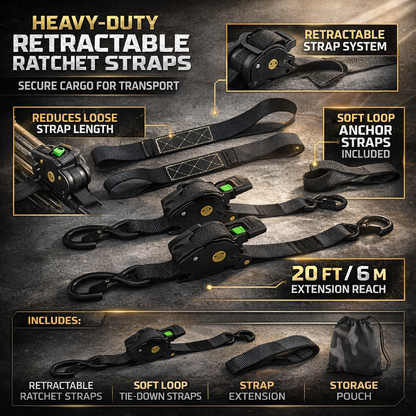 Heavy Duty Retractable Ratchet Straps - 20 ft Cargo Tie Down Set with Hooks 4