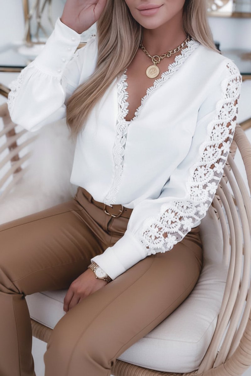 Heidi-Mode Elegant V-Neck Top with Lace Sleeves for Versatile Styling 0
