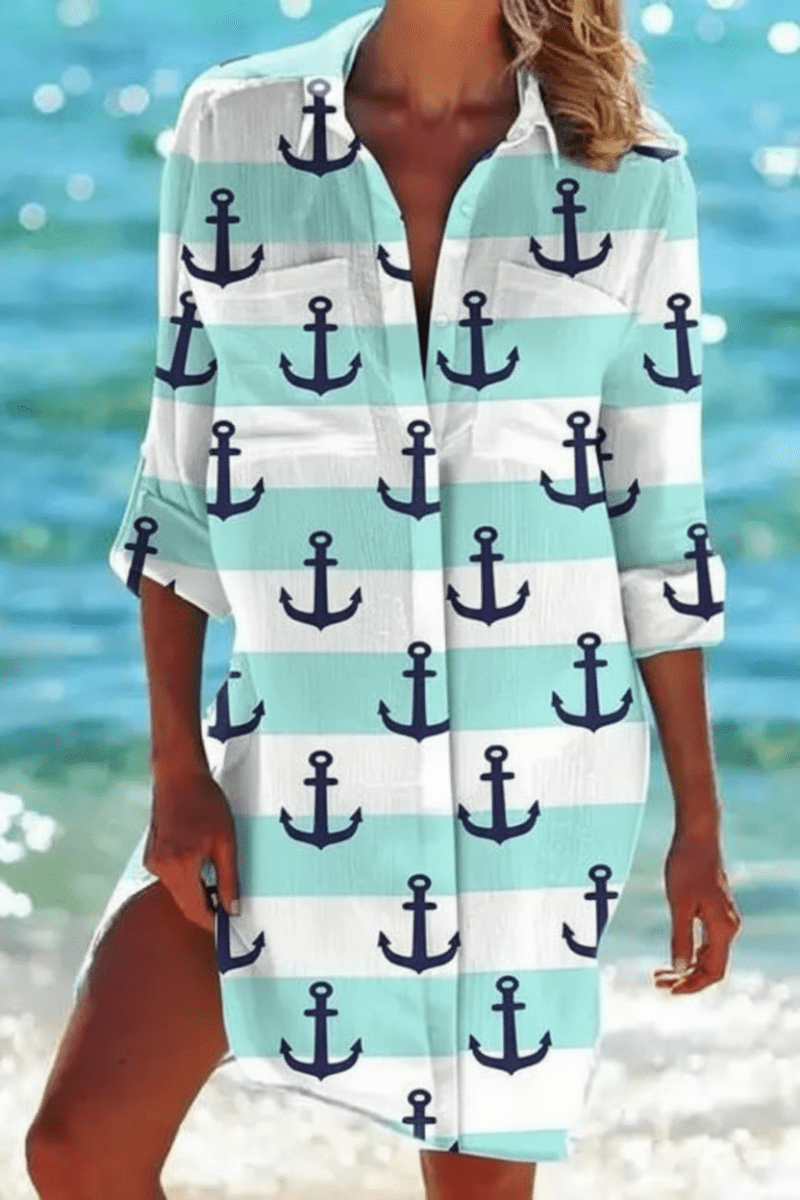 Heidi Long Beach Blouse - Lightweight Nautical Print Half-Sleeve Cover-Up 2