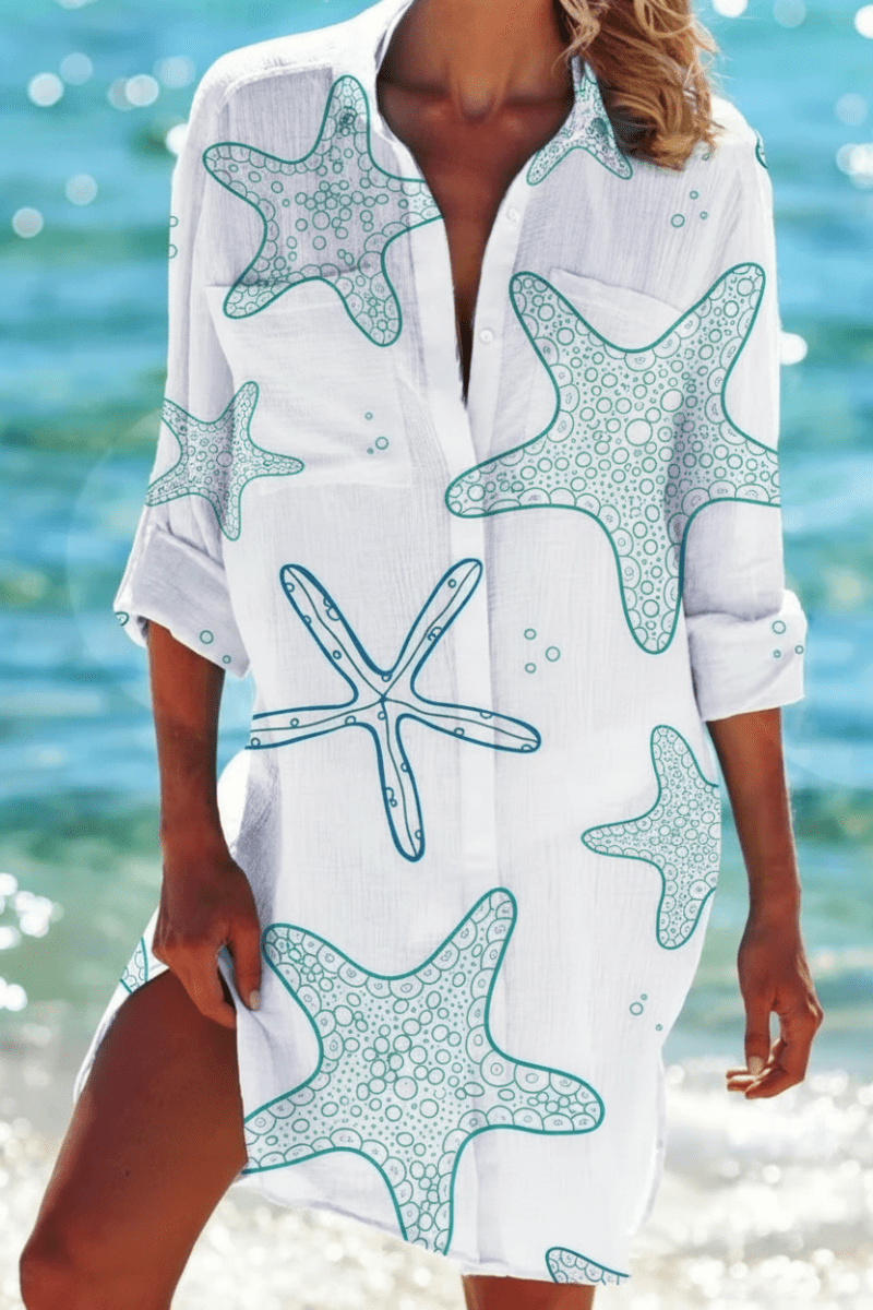 Heidi Long Beach Blouse - Lightweight Nautical Print Half-Sleeve Cover-Up 7