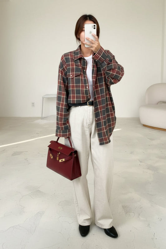 Heidi Mode - Plus Size Oversized Long Sleeve Checked Shirt for Stylish Comfort 0