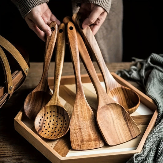 Sustainable Teak Kitchen Utensils Set - Ergonomic Spatula & Kitchenware Tools for Effortless Cooking 1