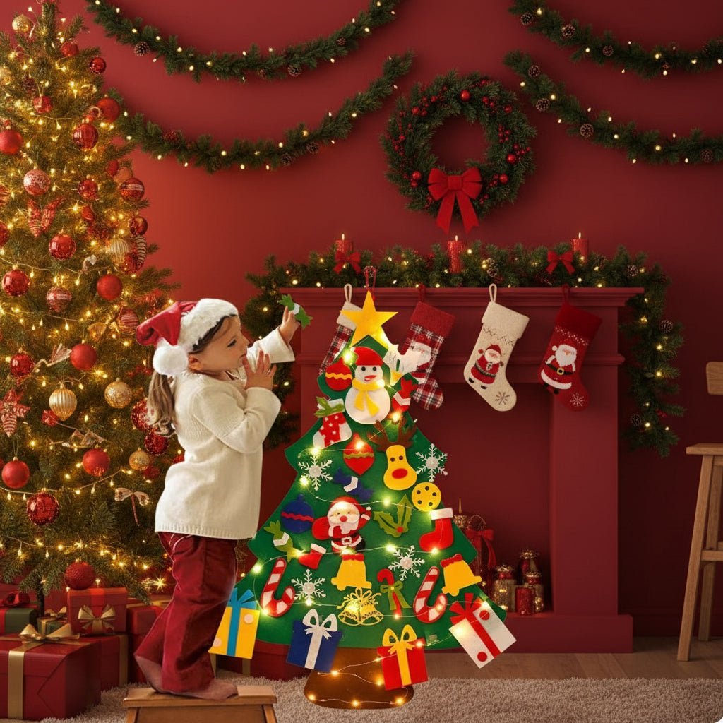 Interactive Christmas Wall Tree with LED Lights & Felt Ornaments for Kids 0