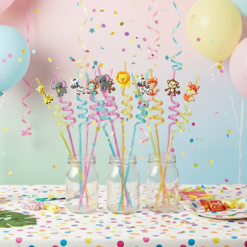 Jungle Animal Reusable Drinking Straws - 8 Pack for Kids' Parties, Eco-Friendly 0