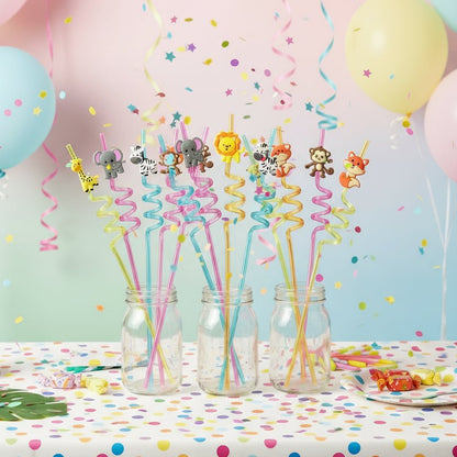 Jungle Animal Reusable Drinking Straws - 8 Pack for Kids' Parties, Eco-Friendly 0