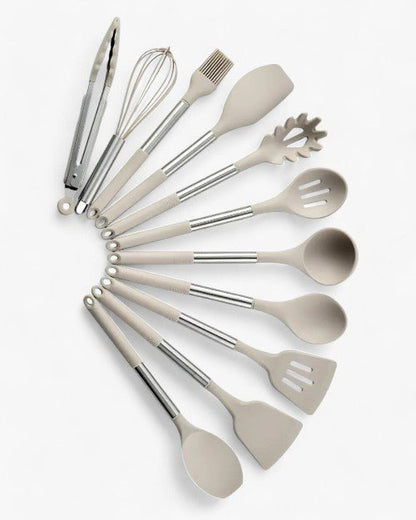 KITCHENORA – Complete Utensil Set with Silicone Heads & Wood-Style Handles 8