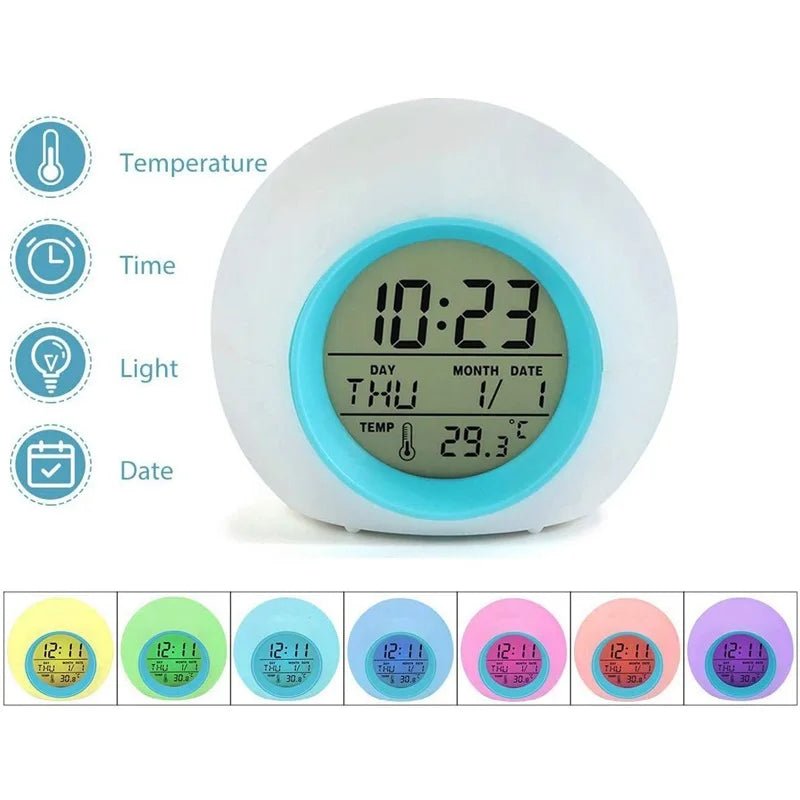 Kids Digital Alarm Clock 7 Color Night Light Snooze Temperature Detect Children Sleep Bedside Cute Wake Up Timer Alarm Clock 1