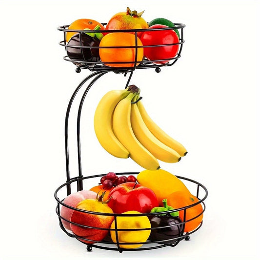 Kitchenova Fruit Haven | 2-Tier Metal Fruit Basket with Banana Holder | Modern Kitchen Organizer | Durable Counter Storage 0