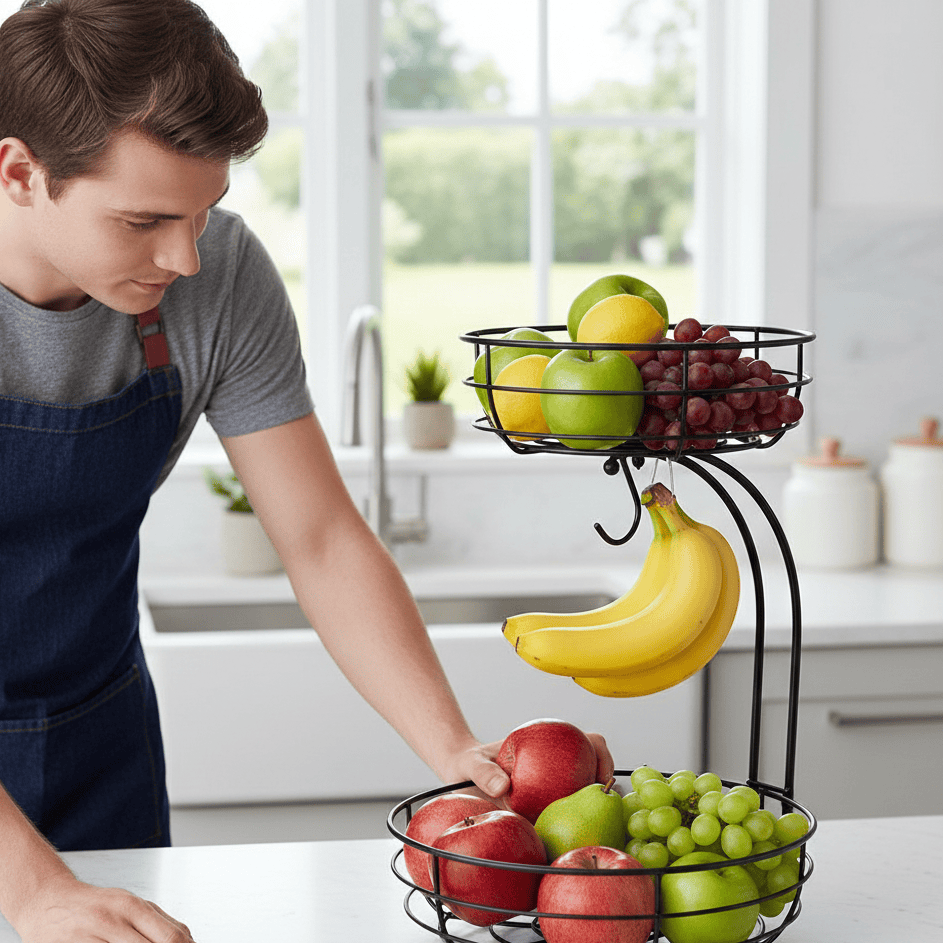 Kitchenova Fruit Haven | 2-Tier Metal Fruit Basket with Banana Holder | Modern Kitchen Organizer | Durable Counter Storage 4