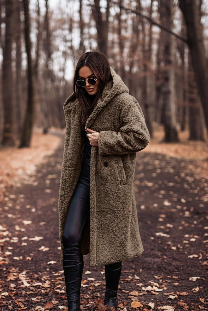 Long Women's Teddy Coat with Hood - Cozy Winter Outerwear for Comfort 3
