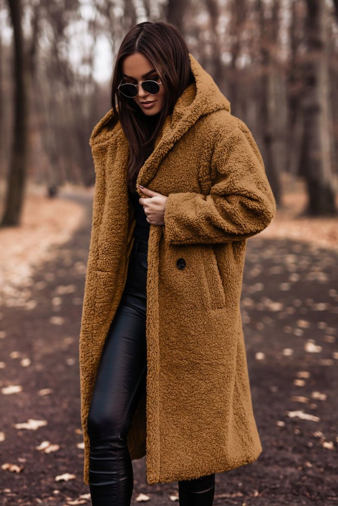 Long Women's Teddy Coat with Hood - Cozy Winter Outerwear for Comfort 4