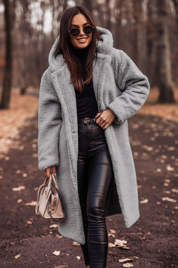 Long Women's Teddy Coat with Hood - Cozy Winter Outerwear for Comfort 7