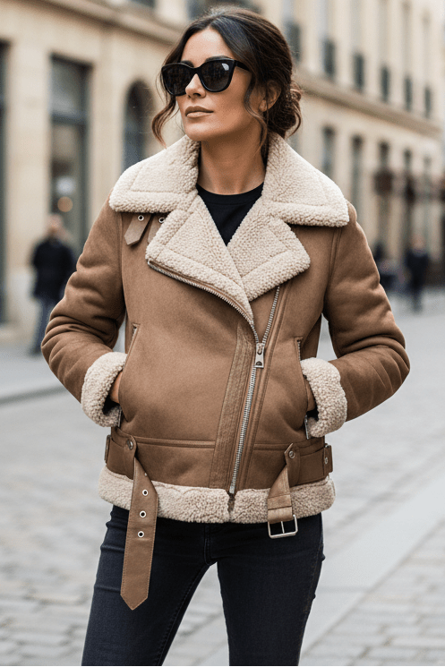 Madeleine - Women's Sherpa Bomber Jacket with Ribbed Cuffs & Metal Zipper 0