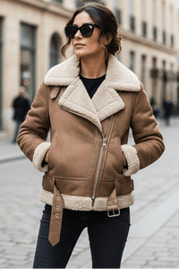 Madeleine - Women's Sherpa Bomber Jacket with Ribbed Cuffs & Metal Zipper 0