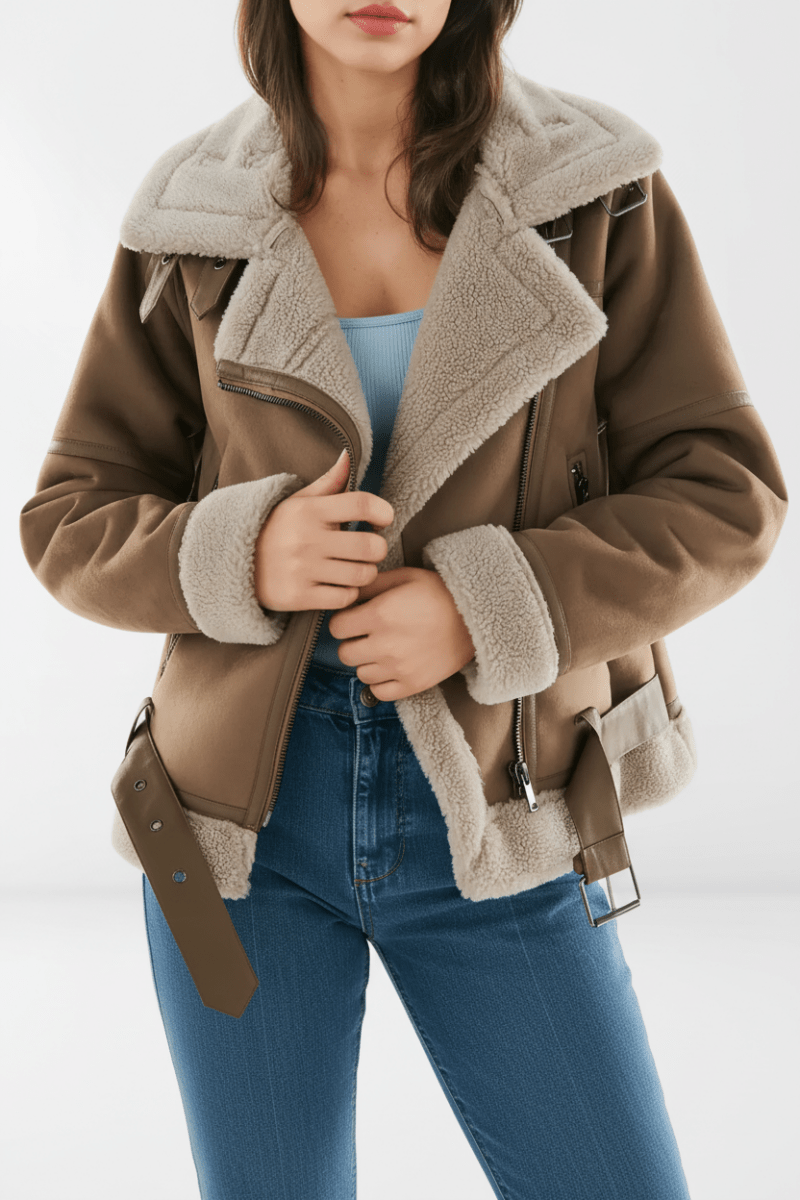 Madeleine - Women's Sherpa Bomber Jacket with Ribbed Cuffs & Metal Zipper 1