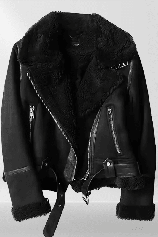 Madeleine - Women's Sherpa Bomber Jacket with Ribbed Cuffs & Metal Zipper 3