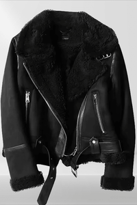 Madeleine - Women's Sherpa Bomber Jacket with Ribbed Cuffs & Metal Zipper 3