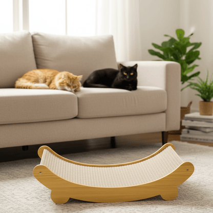 SCRATCHNEST – Durable wooden cat scratch pad with cozy sleeping bed