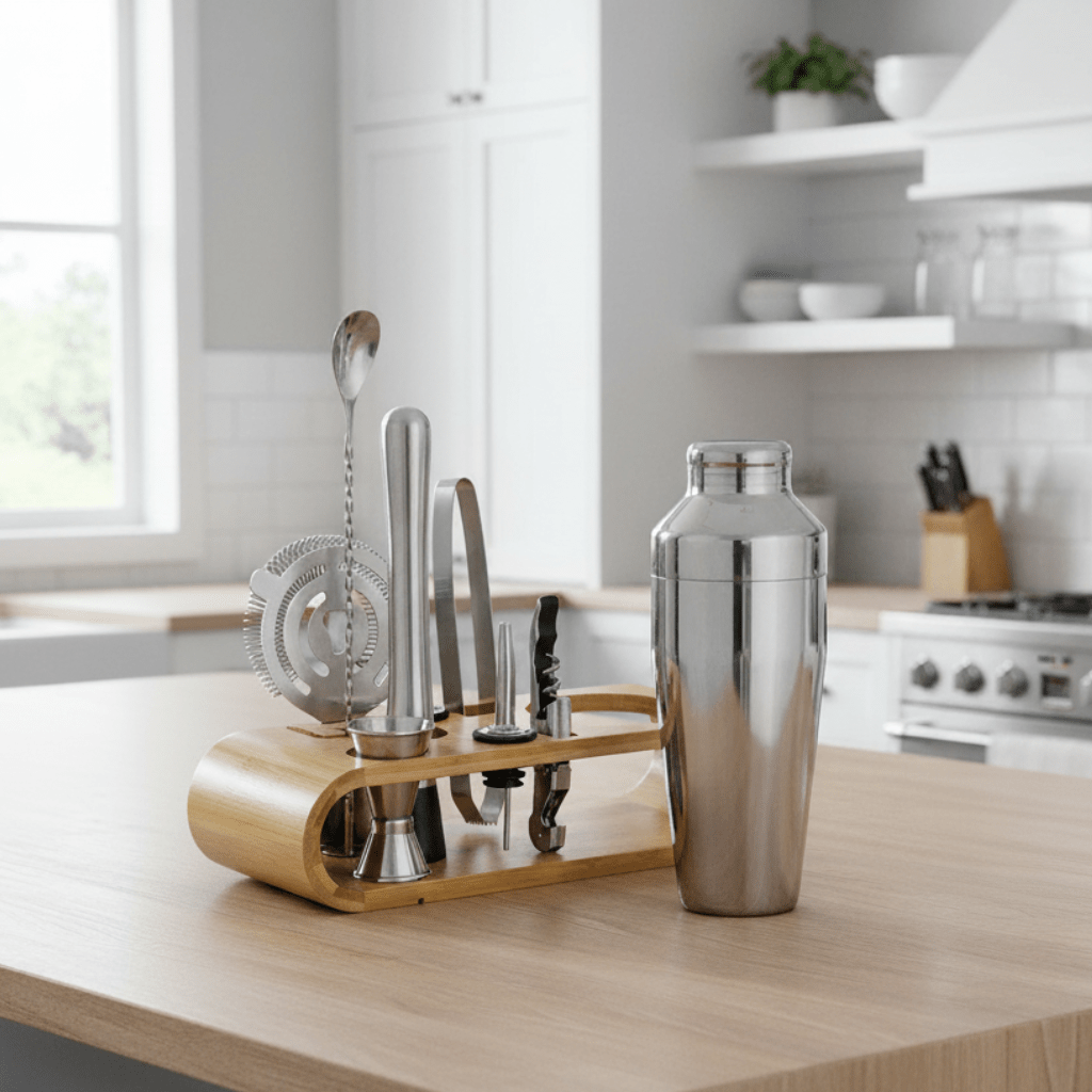 MIXCRAFT 10 – Stainless Steel Cocktail Shaker Set with 10 Essential Bar Tools and Stand