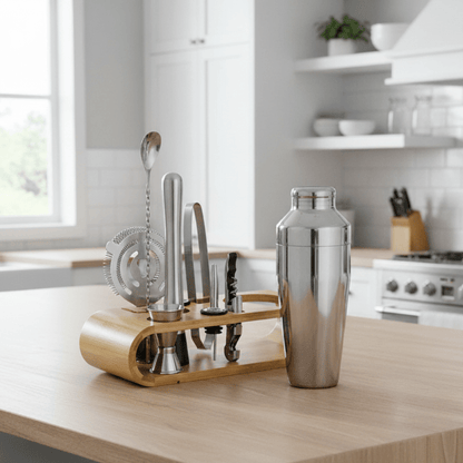 MIXCRAFT 10 – Stainless Steel Cocktail Shaker Set with 10 Essential Bar Tools and Stand