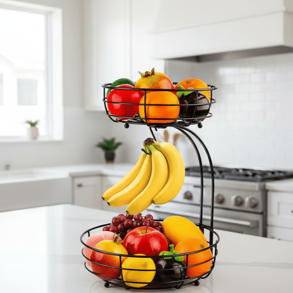 AURIBOWL – 2-Tier Fruit Basket with Banana Hook for Modern Kitchen Storage
