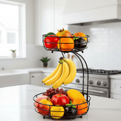 AURIBOWL – 2-Tier Fruit Basket with Banana Hook for Modern Kitchen Storage