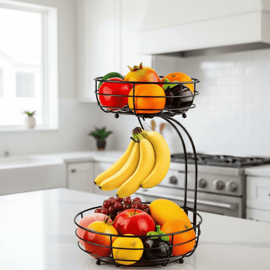 AURIBOWL – 2-Tier Fruit Basket with Banana Hook for Modern Kitchen Storage