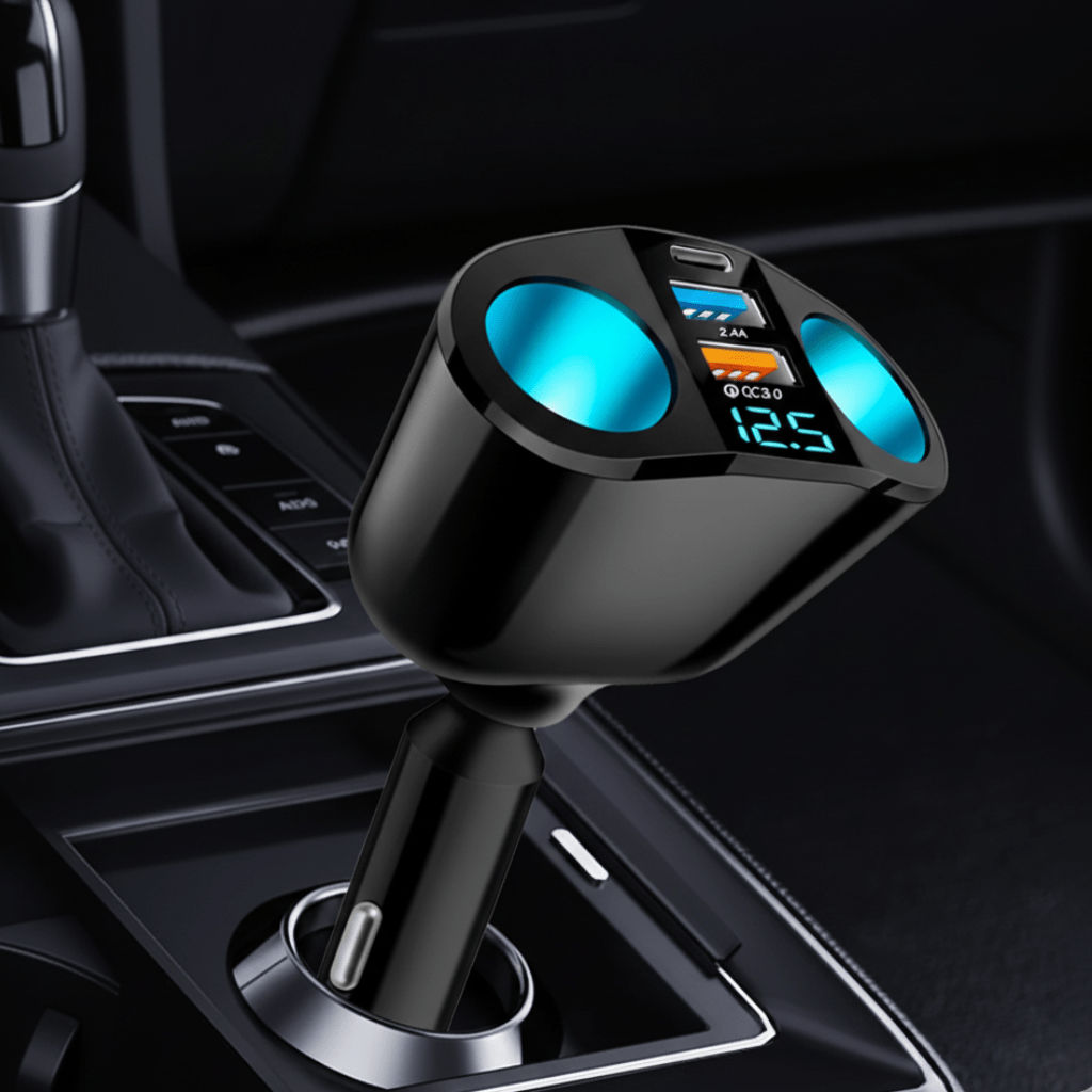 VOLTDUO – 12V–24V car charger with dual USB socket splitter and bright LED voltage display