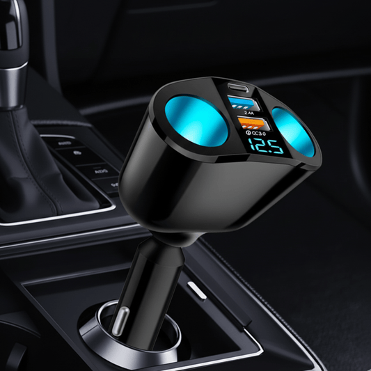 VOLTDUO – 12V–24V car charger with dual USB socket splitter and bright LED voltage display