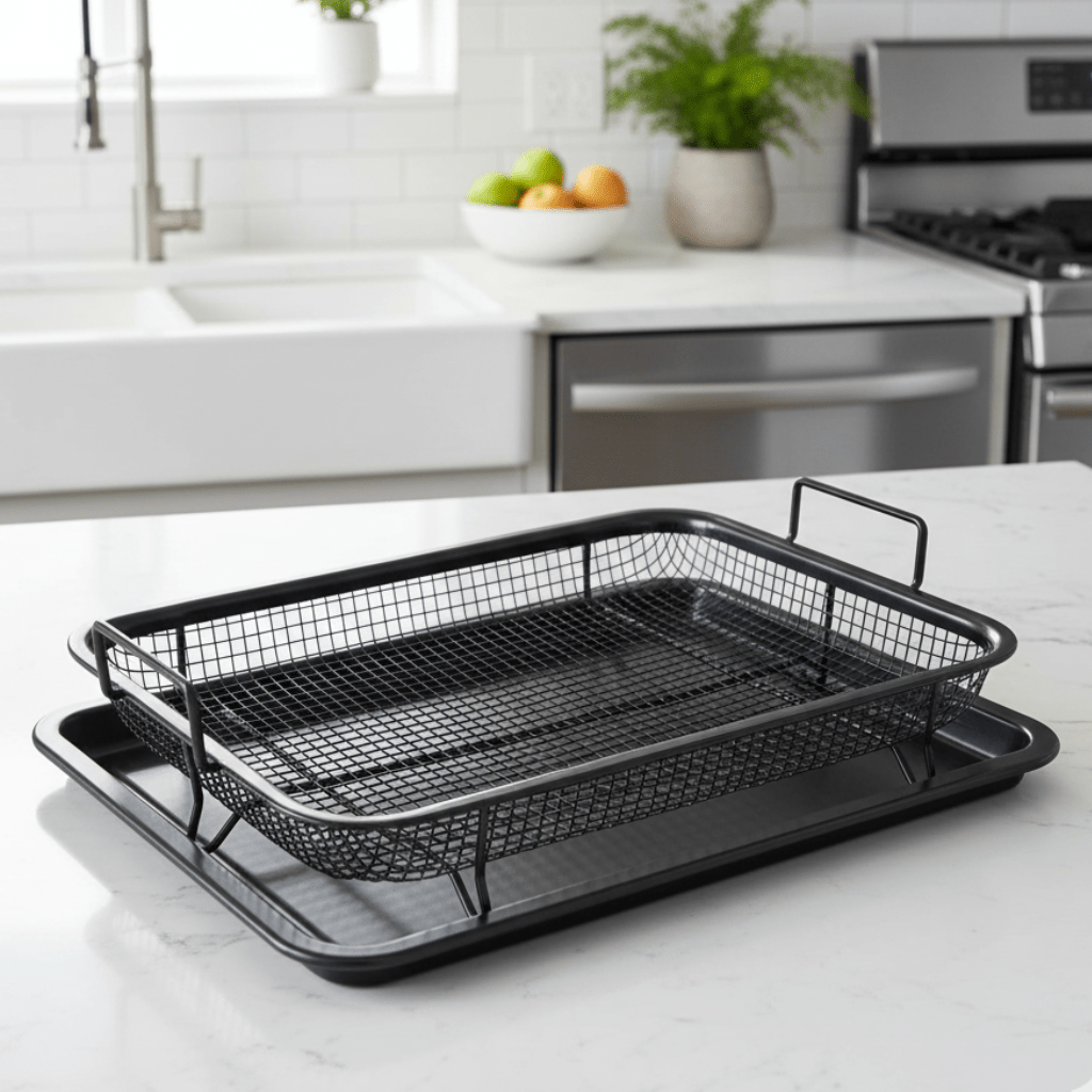 FRYGRID – Air Fryer Non-Stick Tray Pair with Elevated Stackable Rack