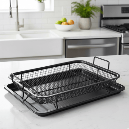 FRYGRID – Air Fryer Non-Stick Tray Pair with Elevated Stackable Rack
