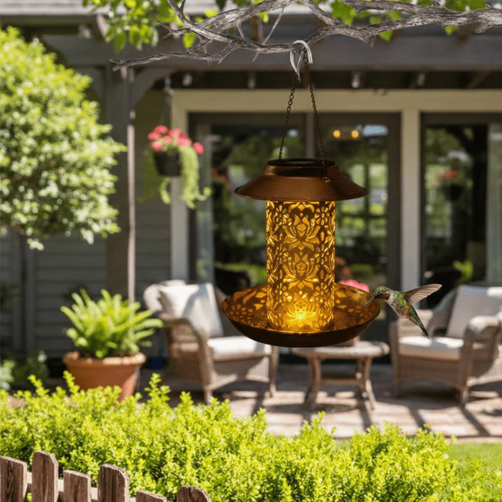 SOLARGLINT – Elegant LED-Lit Solar Bird Feeder for Outdoor Garden Decoration