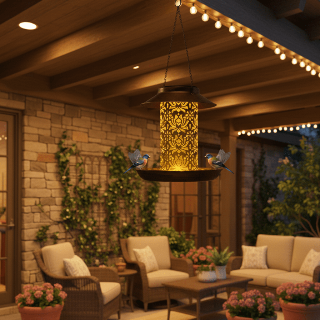 SOLARGLINT – Elegant LED-Lit Solar Bird Feeder for Outdoor Garden Decoration