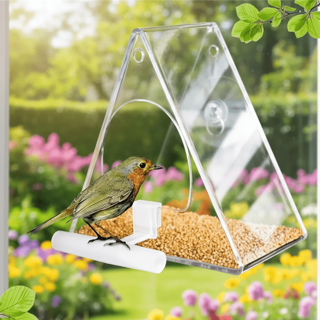 WINDTRIO – Outdoor Acrylic Bird Feeder, Windbreak Triangle Structure for Several Birds