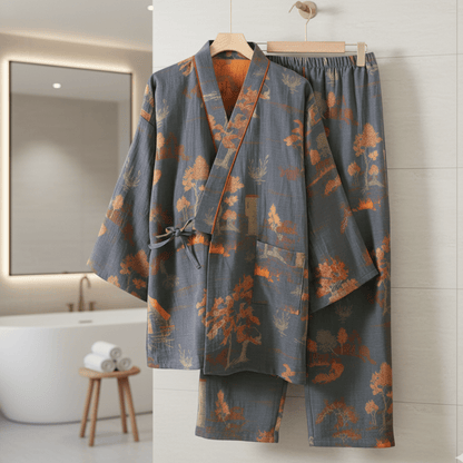 BRUSHSILK – Cotton Kimono-Inspired Pajama Set with Artistic Watercolor Motifs