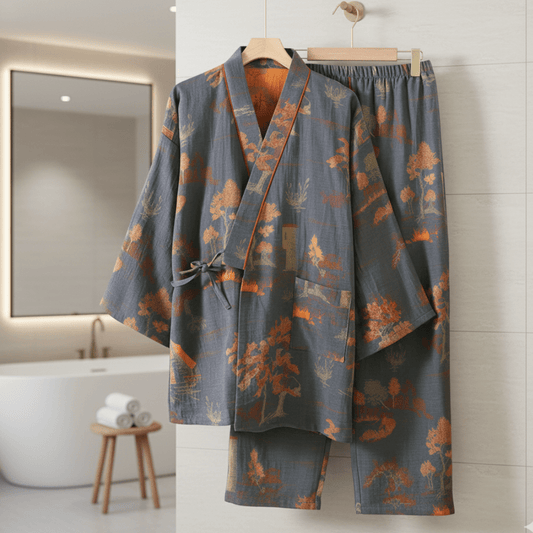 BRUSHSILK – Cotton Kimono-Inspired Pajama Set with Artistic Watercolor Motifs