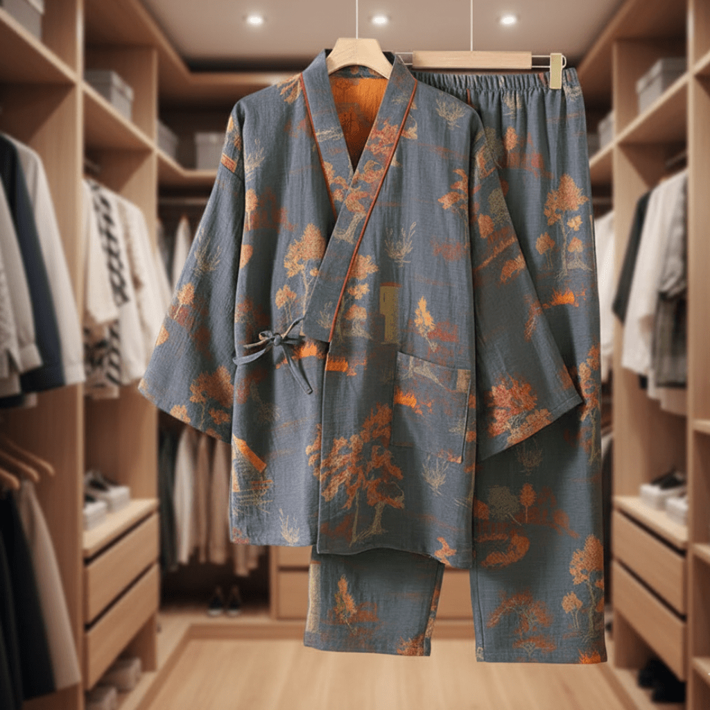 BRUSHSILK – Cotton Kimono-Inspired Pajama Set with Artistic Watercolor Motifs